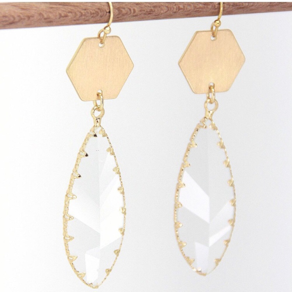Women’s Clear teardrop gem brushed gold tone hex earrings - Picture 1 of 5
